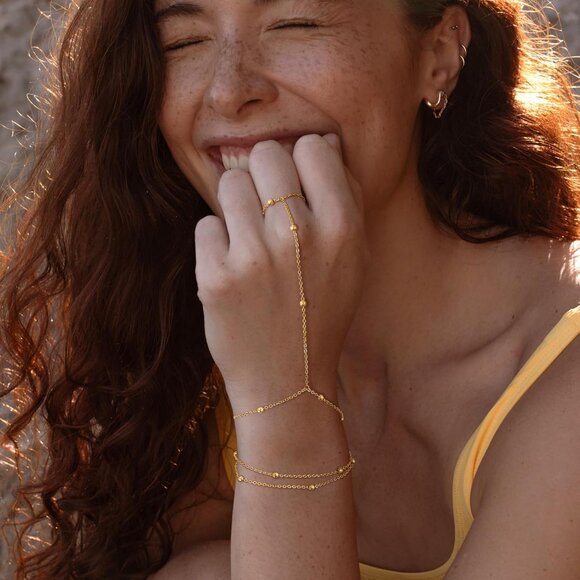 Gold Bracelets for Women, 14K Gold Plated/Silver Hand Chain Bracelet - Picture 3 of 7